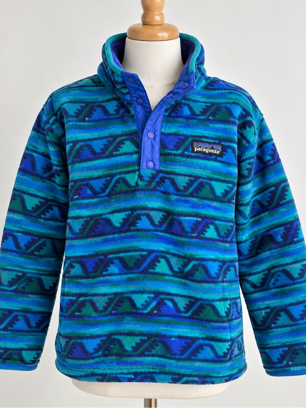 Vintage Patagonia Kids 10 Synchilla Snap-T Fleece Blue Teal Purple Geometric USA